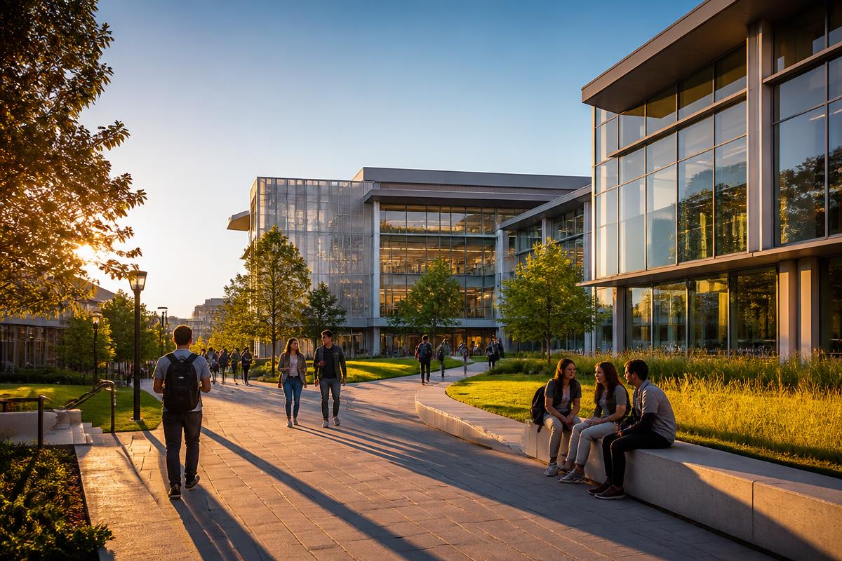 Modern university campus at golden hour